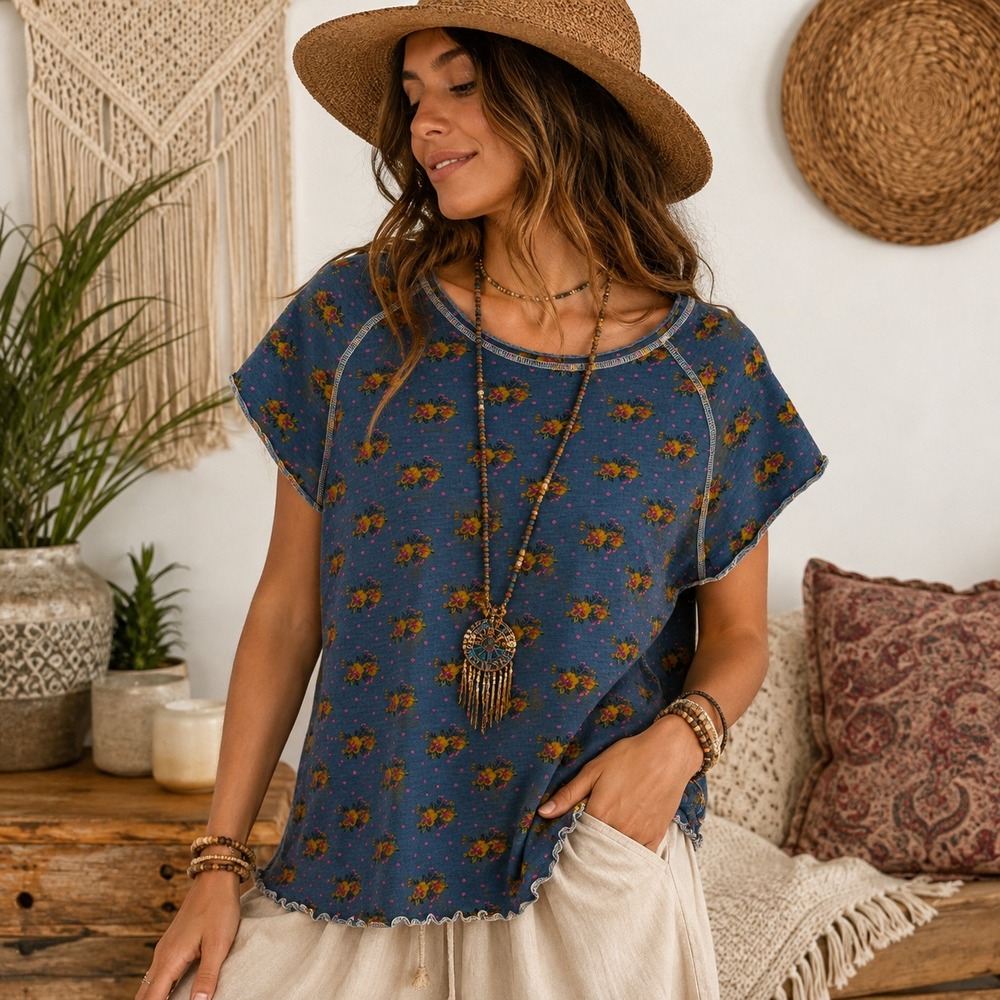 Natural Life Womens Floral Polka Dot Top Sz M Blue Cottage Boho Lettuce Hem
